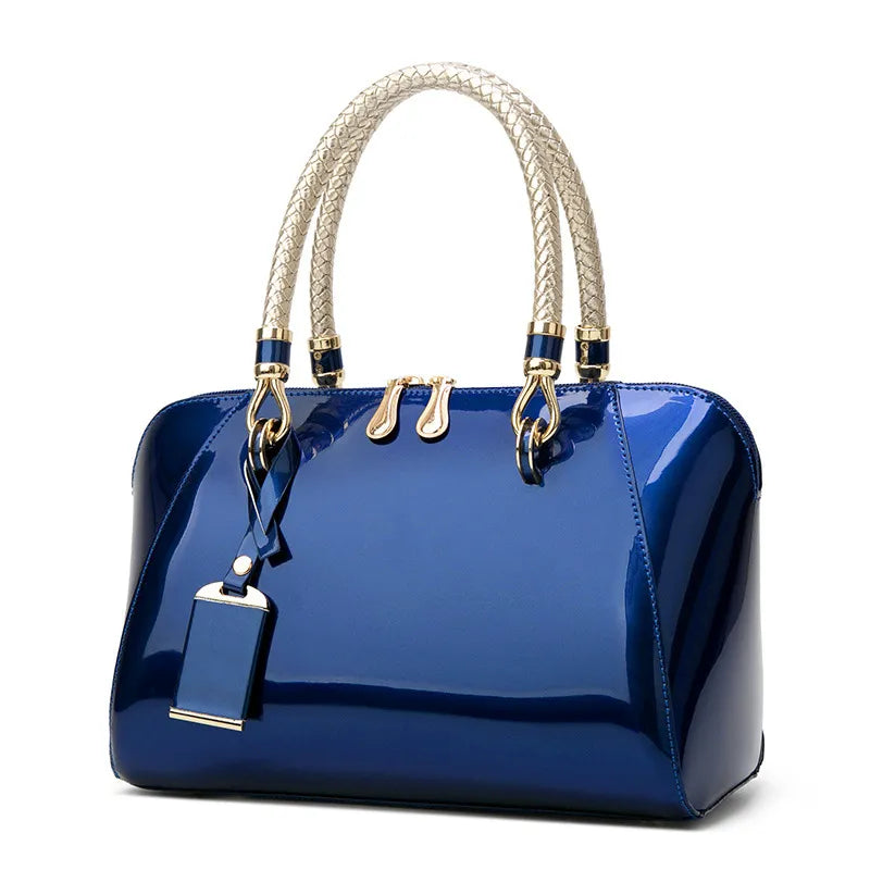 Luxury Designer Handbag Shiny Leather Boston Bag Fashion New Blue Red Black Beige Pink Bags for Women Sac De Luxe Femme Blue