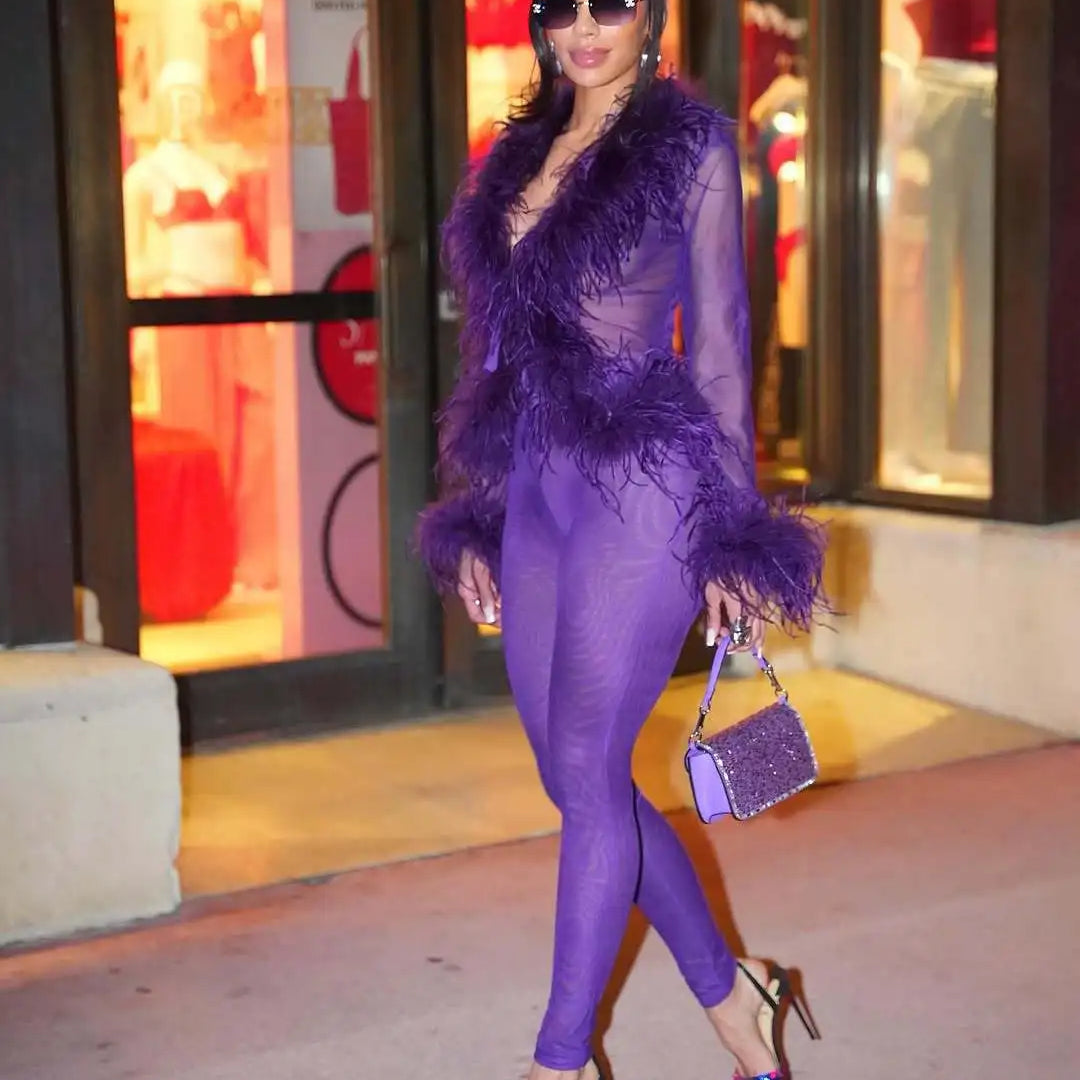 CM.YAYA Fashion Mesh See Though Women's Set Feather Side Long Sleeve Crop Top and Legging Pants 2025 Sexy Two 2Piece Sets Outfit