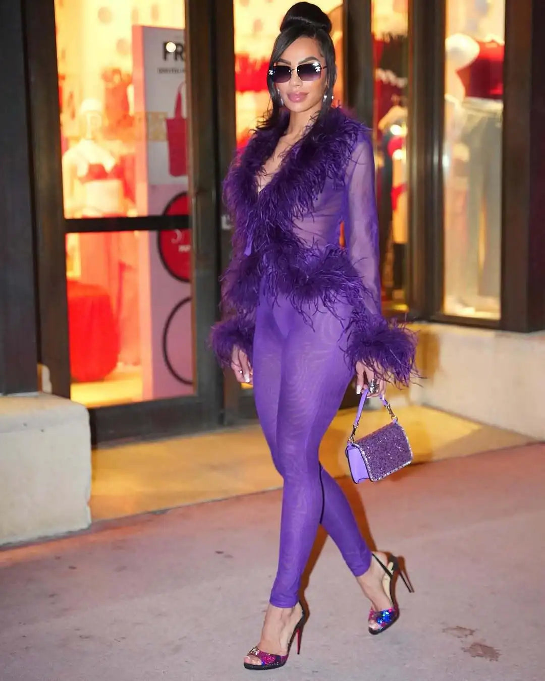 CM.YAYA Fashion Mesh See Though Women's Set Feather Side Long Sleeve Crop Top and Legging Pants 2025 Sexy Two 2Piece Sets Outfit