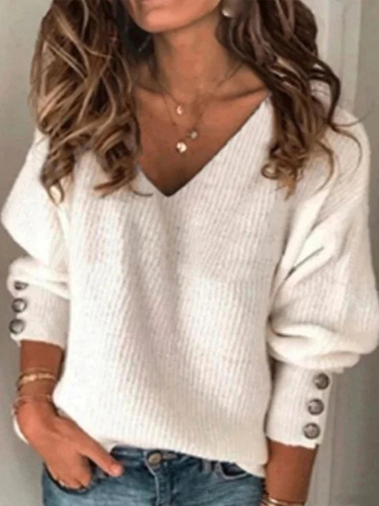 Autumn Loose V-neck Long sleeved T-shirt Women Solid Knitted Basic Bottoming Sweater Oversized Top Ribbed Soft Elastic Pullover White