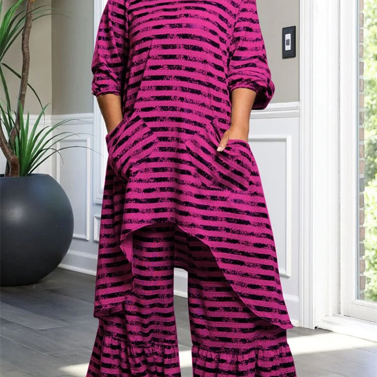 Wmstar Plus Size Two Piece Women Clothing Long Sleeve Long Top and Pants Sets Striped Matching Set Wholesale Dropshopping 2024