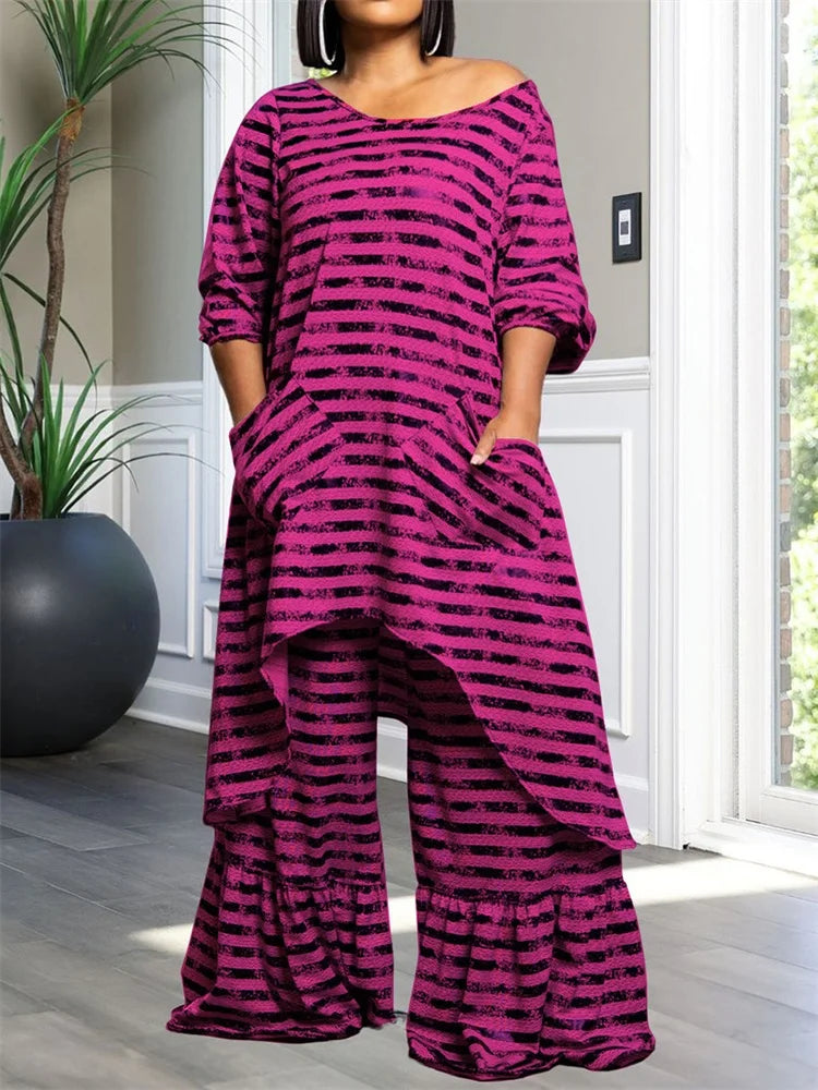 Wmstar Plus Size Two Piece Women Clothing Long Sleeve Long Top and Pants Sets Striped Matching Set Wholesale Dropshopping 2024