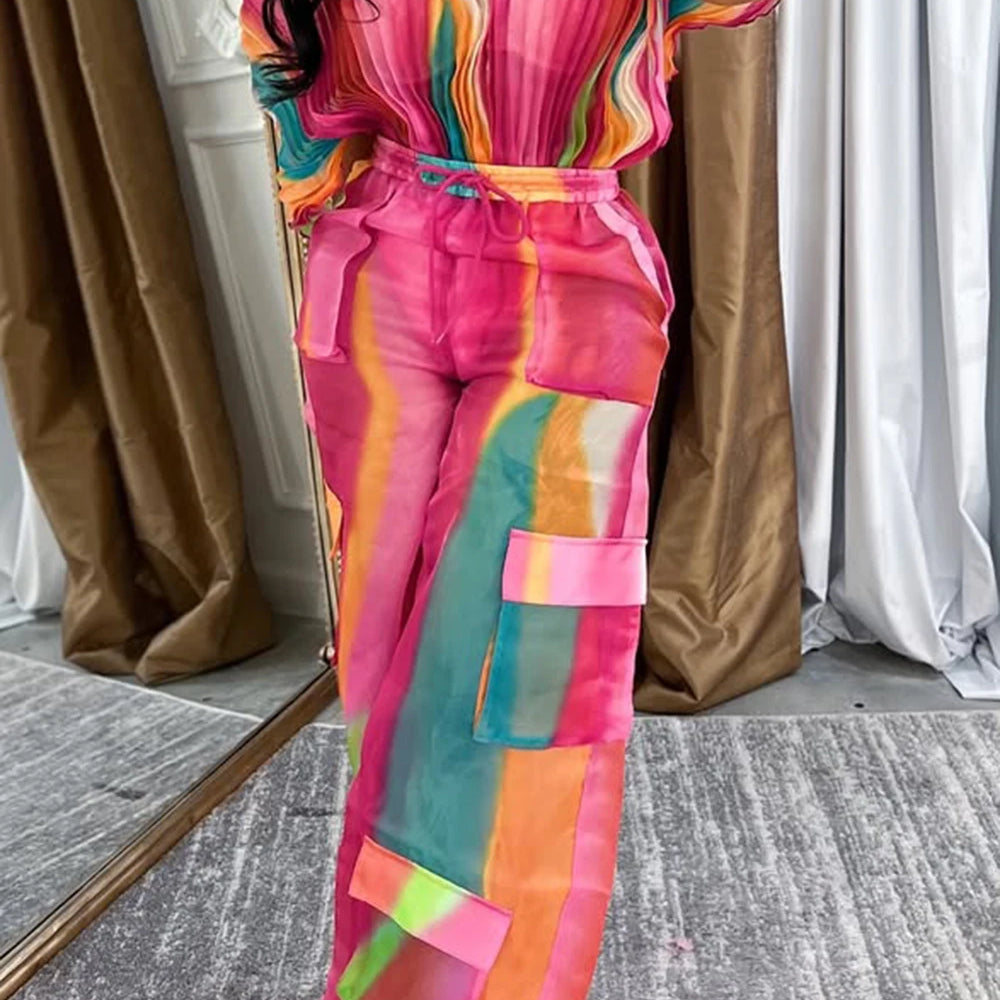 Plus Size Daily Hot Pink Gradient Round Neck Batwing Sleeve Half Sleeve Cargo Pleated Two Piece Pant Sets