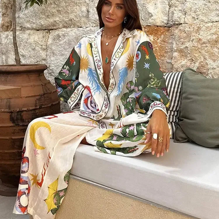 Stylish Printed Trousers 2 Piece Set Women's Casual Lapel Single Breasted Shirt Wide Leg Pant Sets Women Pomesia Vacation Suit