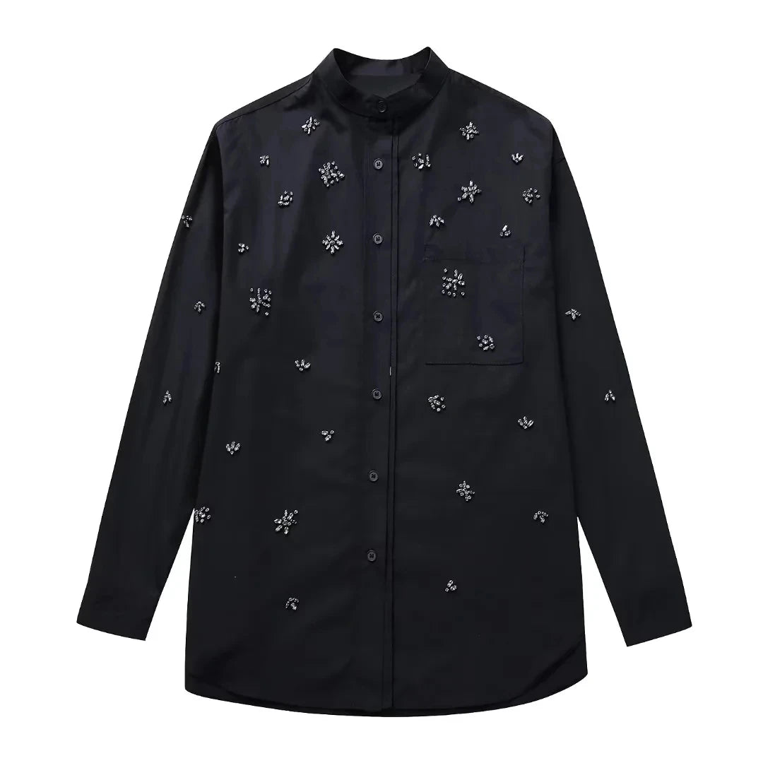 White Shirt Women Rhinestone Button up Shirts for Women Long Sleeve Shirts and Blouses Woman Asymmetric Tops K24193-black