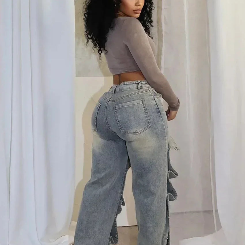 CM.YAYA Women Streetwear Button Cutout Cargo Straight Denim Wide Leg Jeans Pants 2024 INS Elastic Fashion Party Cargo Trousers