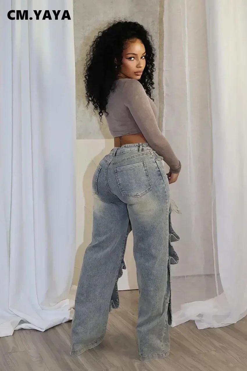 CM.YAYA Women Streetwear Button Cutout Cargo Straight Denim Wide Leg Jeans Pants 2024 INS Elastic Fashion Party Cargo Trousers