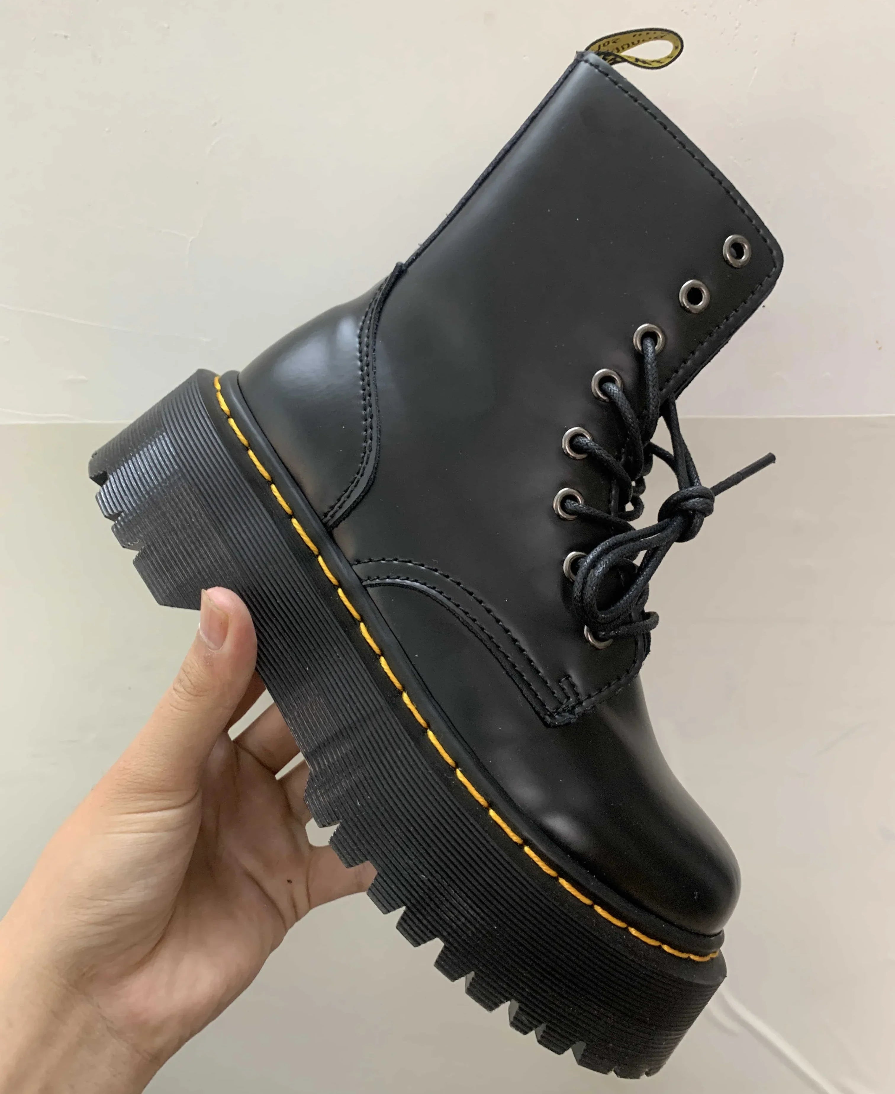 Original Women Platform Boots Leather Men Thick Sole Ankle Sexy Female Punk Motorcycle Shoes Combat Booties Plus Size NEW JADON black