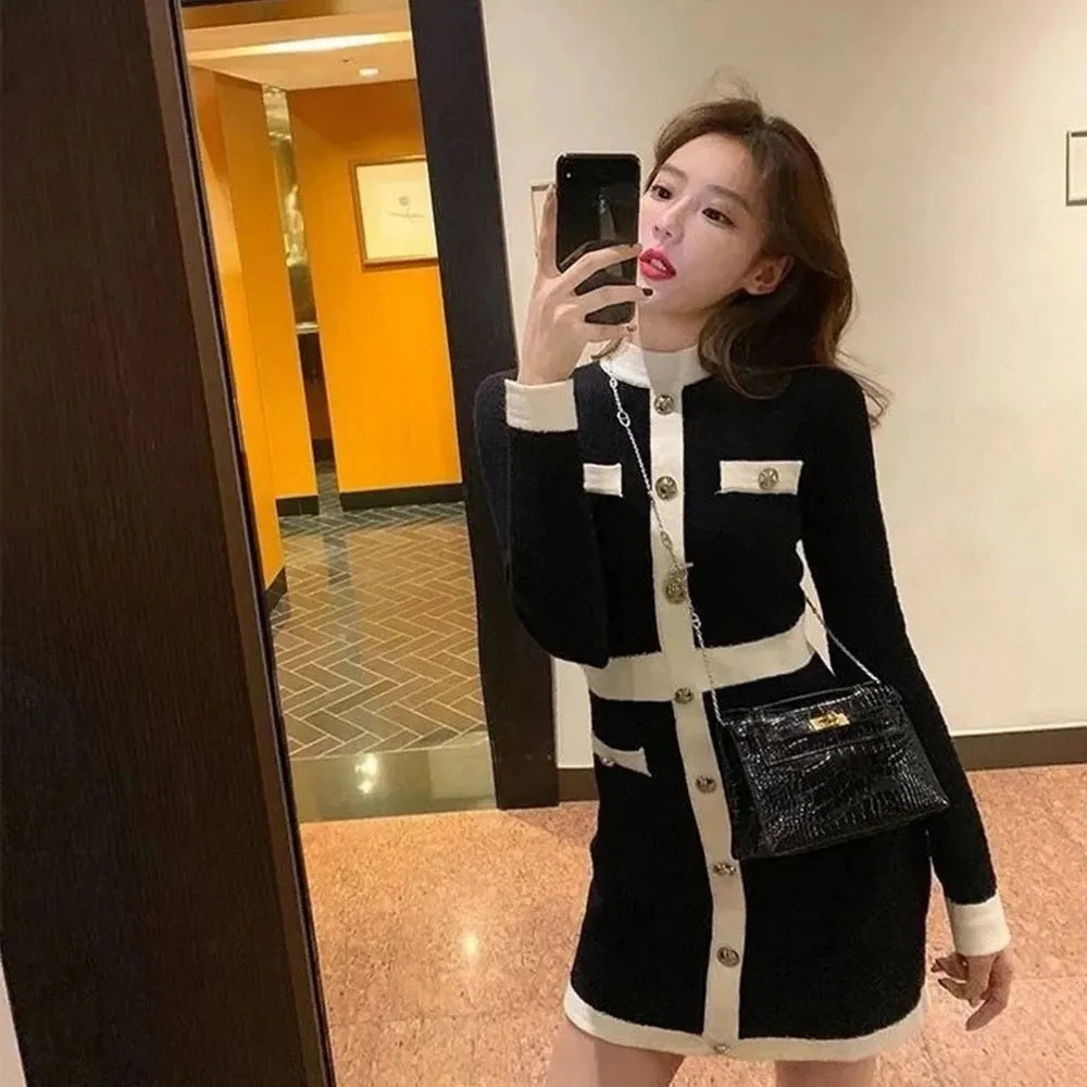 Fashion Korean Style Knitted Dress Winter White Black Women Knit Bodycon Dress Elegant Long Sleeve Dress Knitwear For Women black