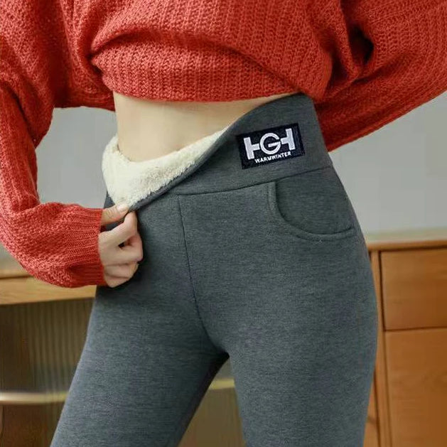 Winter Women Leggings Solid Warm Leggings Thicken Lambwool Hight Waist Fleece Keep Butt Lift High Stretchy Walking Pants Pocket DarkGrey