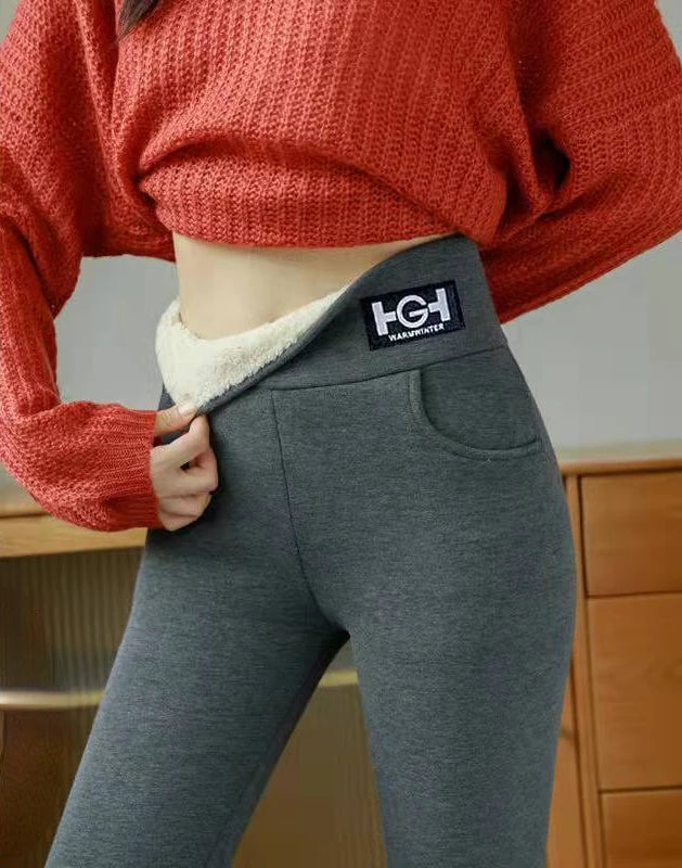 Winter Women Leggings Solid Warm Leggings Thicken Lambwool Hight Waist Fleece Keep Butt Lift High Stretchy Walking Pants Pocket DarkGrey