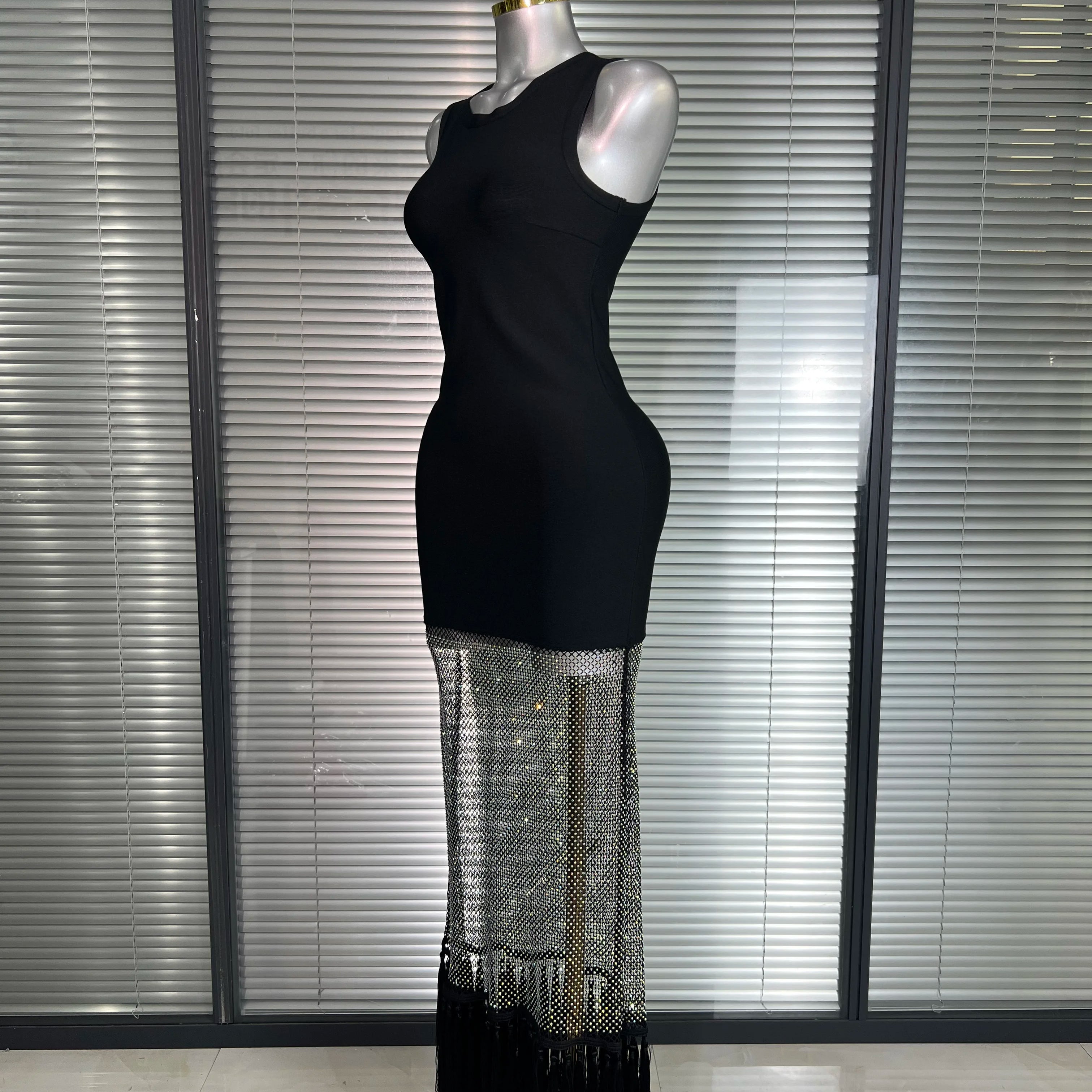 Summer New 2025 Women Black Tank Long Bodycon Bandage Dress Sparkly Shining Evening Party Dress Vestido