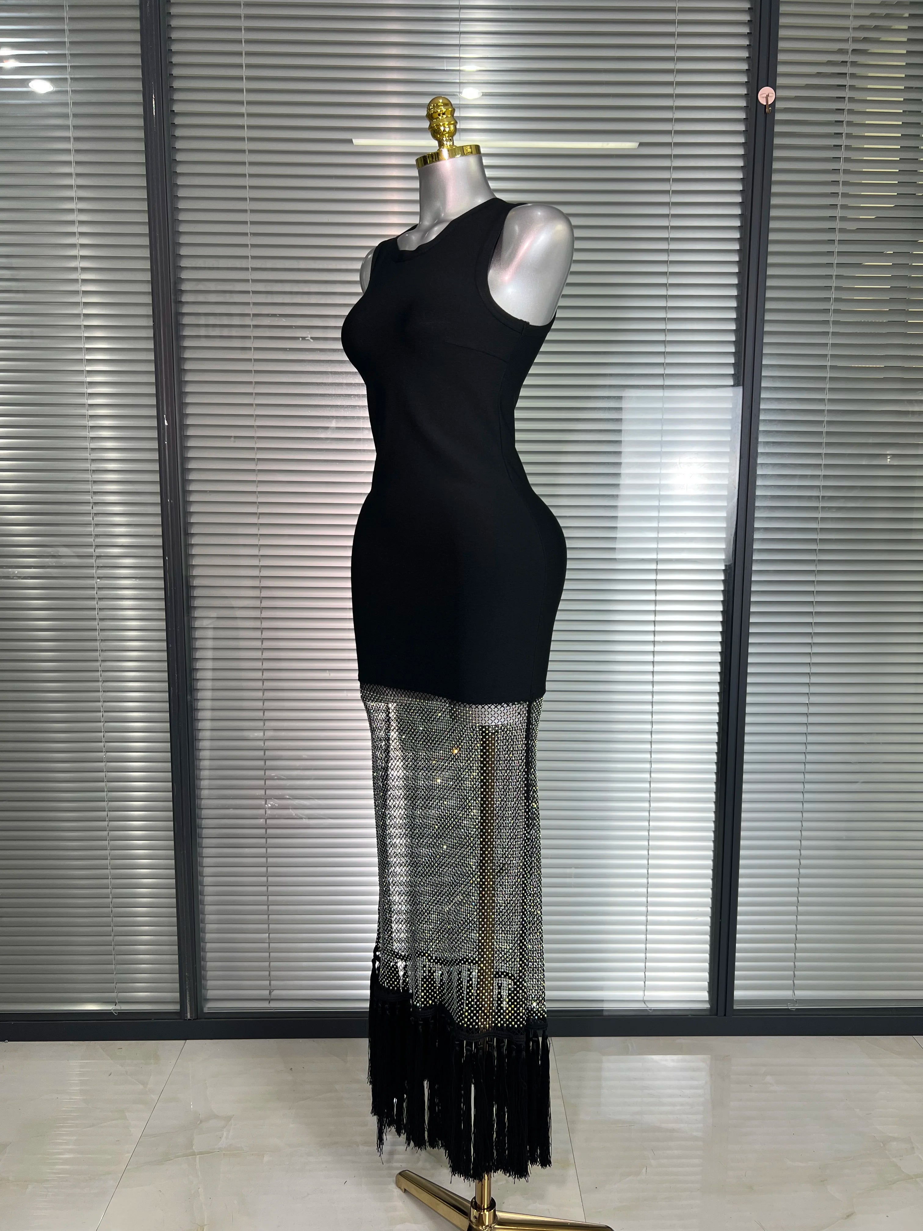 Summer New 2025 Women Black Tank Long Bodycon Bandage Dress Sparkly Shining Evening Party Dress Vestido