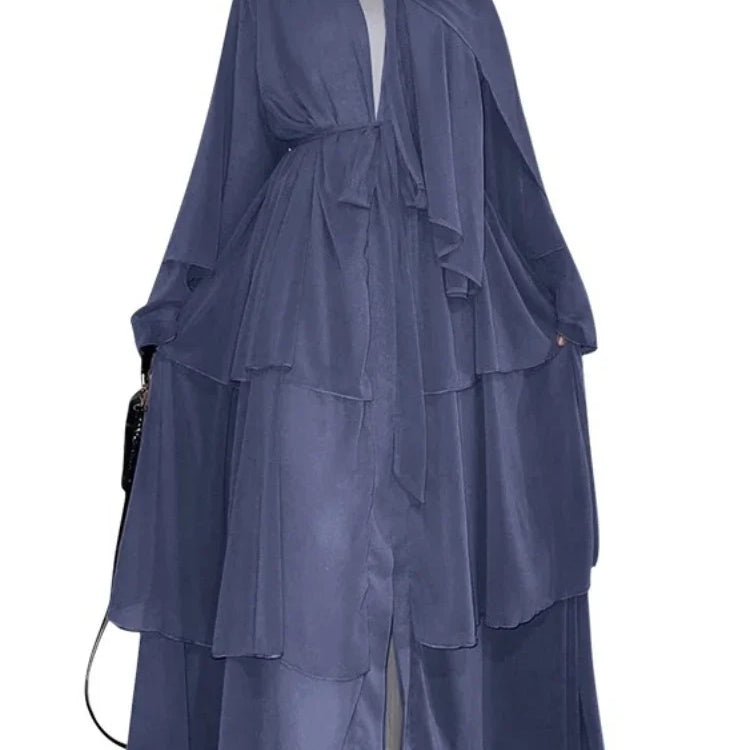 New In Women Abaya NO SCRARF(Encrypted Chiffon)Elegant Muslim Stitching Three Layer Abaya Ruffle Sleeves Cardigan Marocain Dress Navy Blue