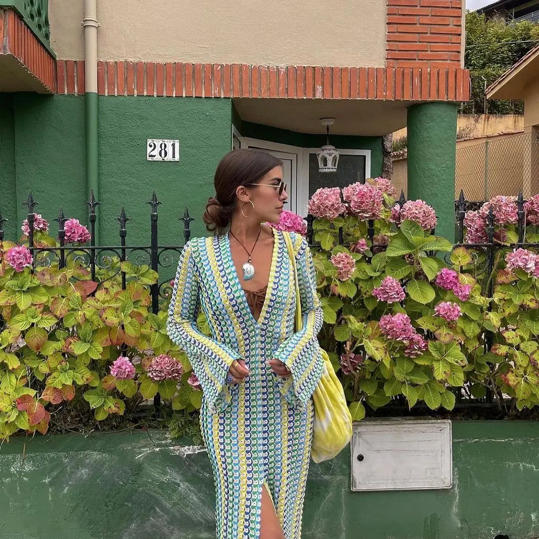 Crochet Colorful Stripe Maxi Dress Women Flare Sleeve V-neck High Split Sexy Long Dresses New Autumn Beach Banquet Vestidos as picture