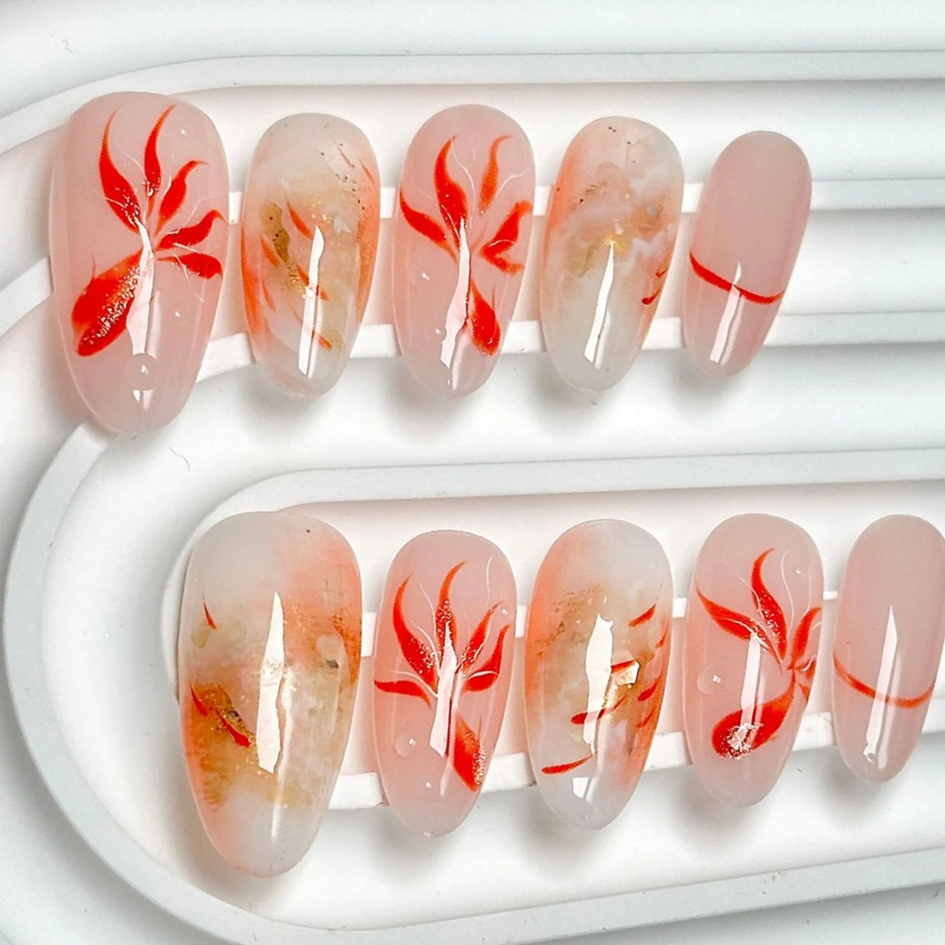 10pcs Red Handmade Fake Nails Tips Cherry Bow Design False Nails Sets Mid-length Oval Press on Nails Wearable French Manicure