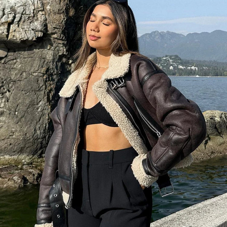 TRAFZA 2023 Women Fashion Thick Warm Lambs Wool Jacket Coat Vintage Long Sleeve Zipper Jackets Female Outerwear Chic Tops