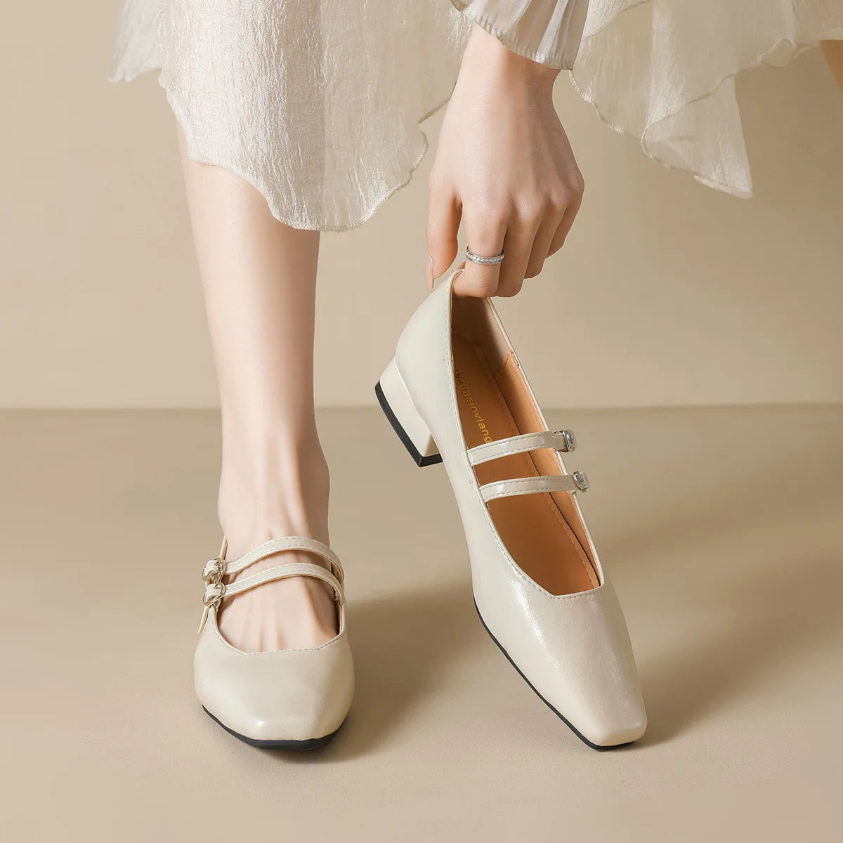 spring women's outerwear shoes Square toe design Mary Jane shoes Ladies casual high heels Work boat shoes Large sizes 41-43