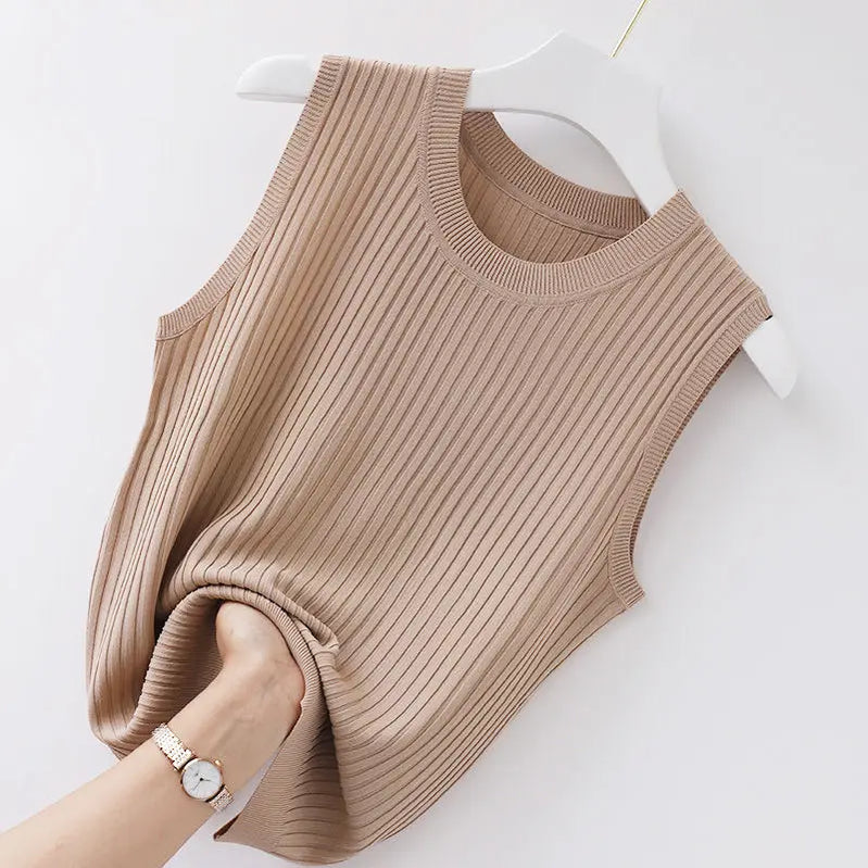 Summer Ice Silk Vest Women's Korean Version Solid Color Knitted Thin Loose Temperament Round Neck Sleeveless Top for Outer Wear Khaki
