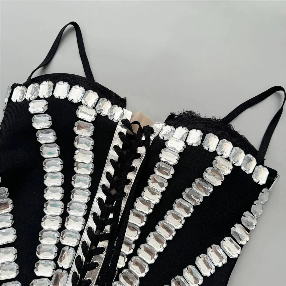 Women Sleeveless Sexy Strap Shinning Crystal Bodycon Mini Bandage Dress Lace Celebrate Nightclub Party Outfit