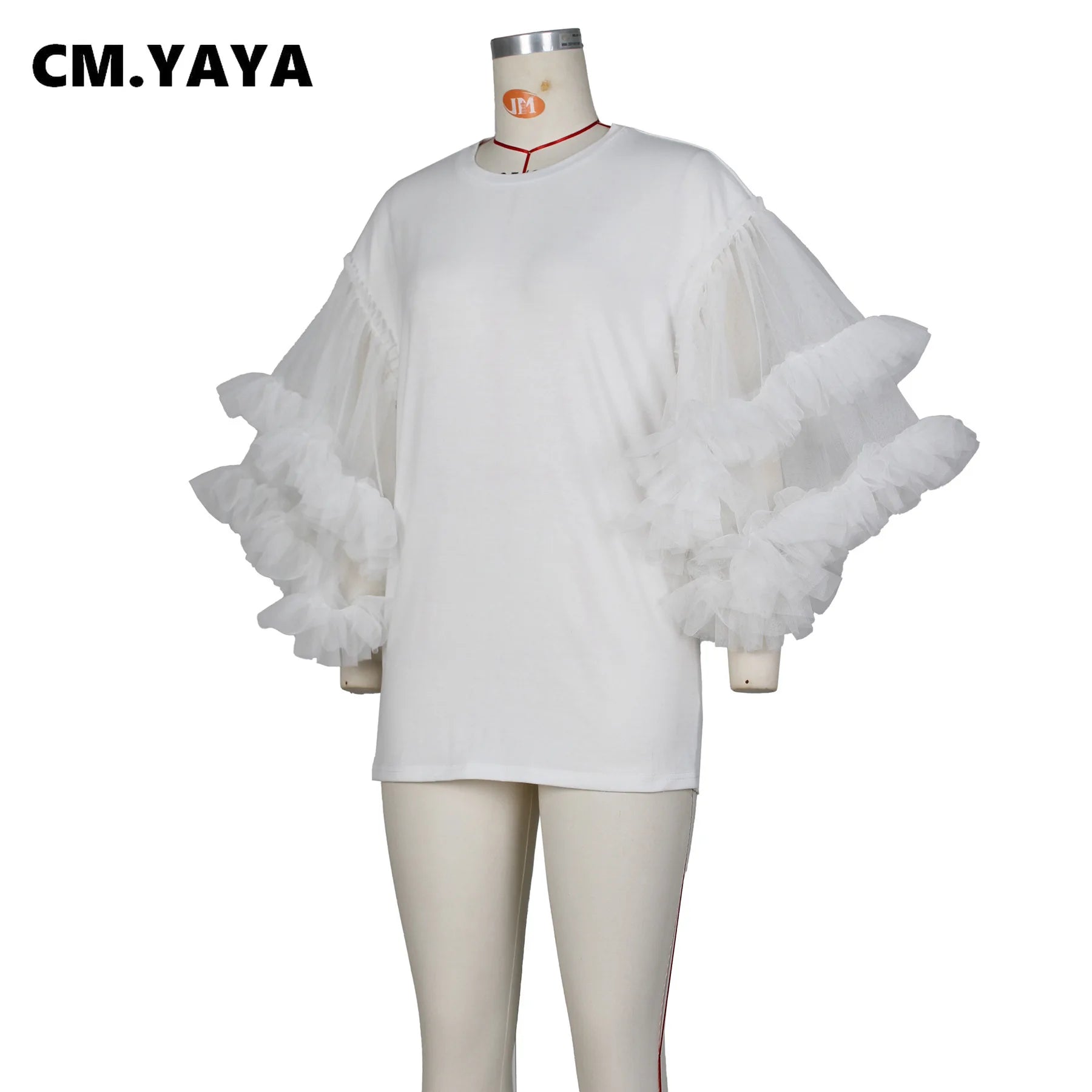 CM.YAYA Women Mesh Ruffles Flare Long Sleeve Patchwork O-neck T-shirt Style Dress 2023 Street Fashion Vestidos Evening Dresses