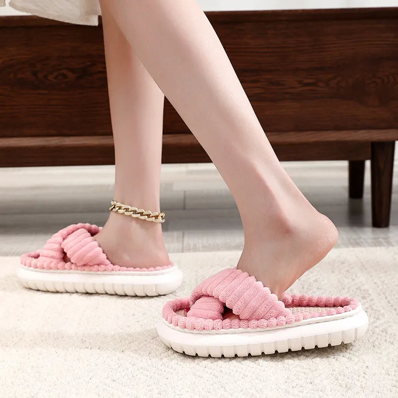 Autumn Winter Women Home Slippers Open-Toe Cross Band Linen Soled Indoor Slides Linen Soled Non-Slip Bathroom Slippers