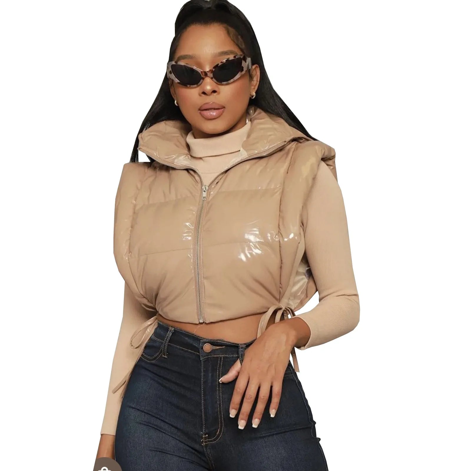 Sexy Side Slit Hooded Puff Jacket Vests Women Bandage Zipper Up Crop Tops Winter Autumn Casual Solid Clothes Streetwear Khaki onesize