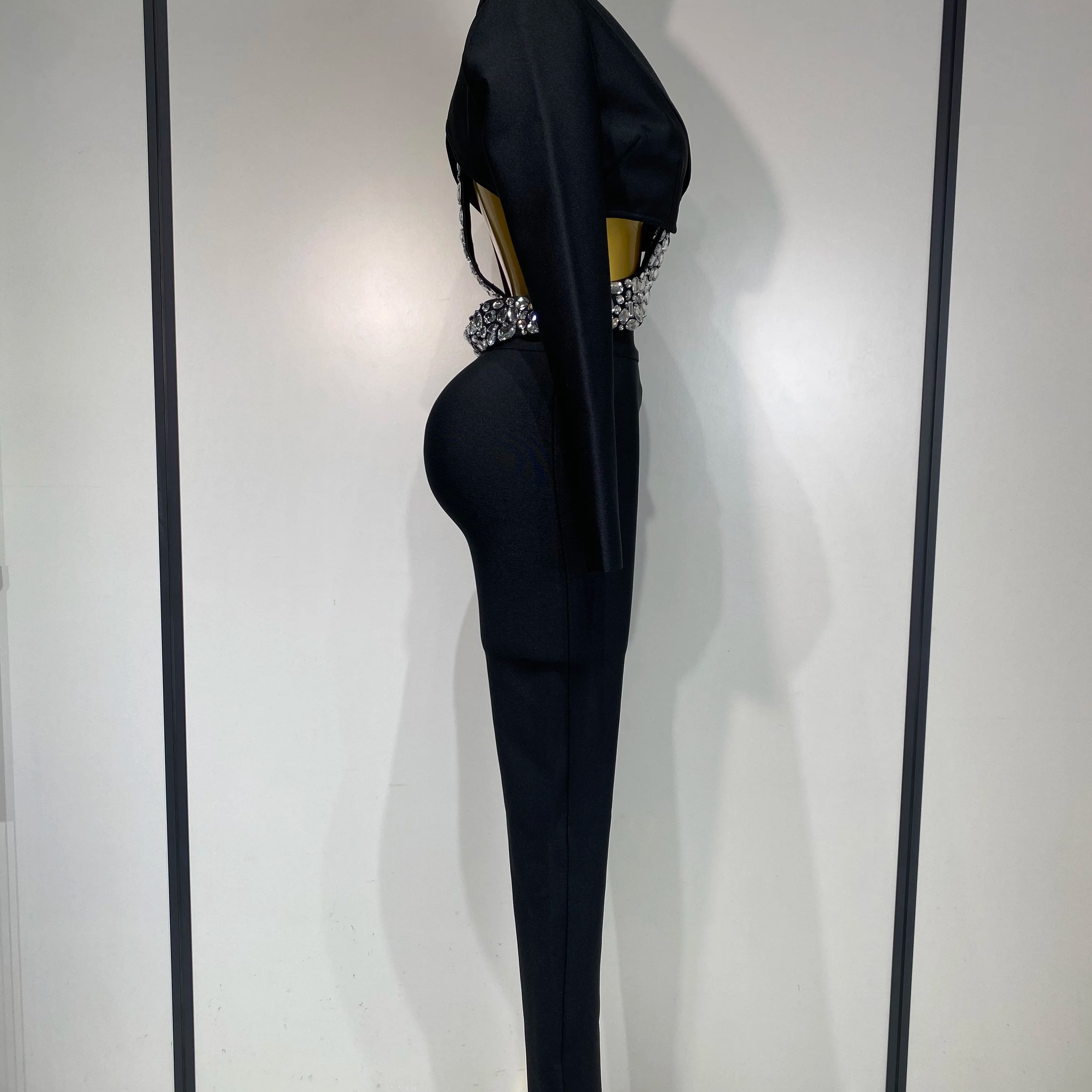 Conjunto feminino sexy com recortes, manga longa, com contas, bodycon, duas peças, calça, bandagem, designer de celebridades, moda feminina, conjunto de aniversário de luxo