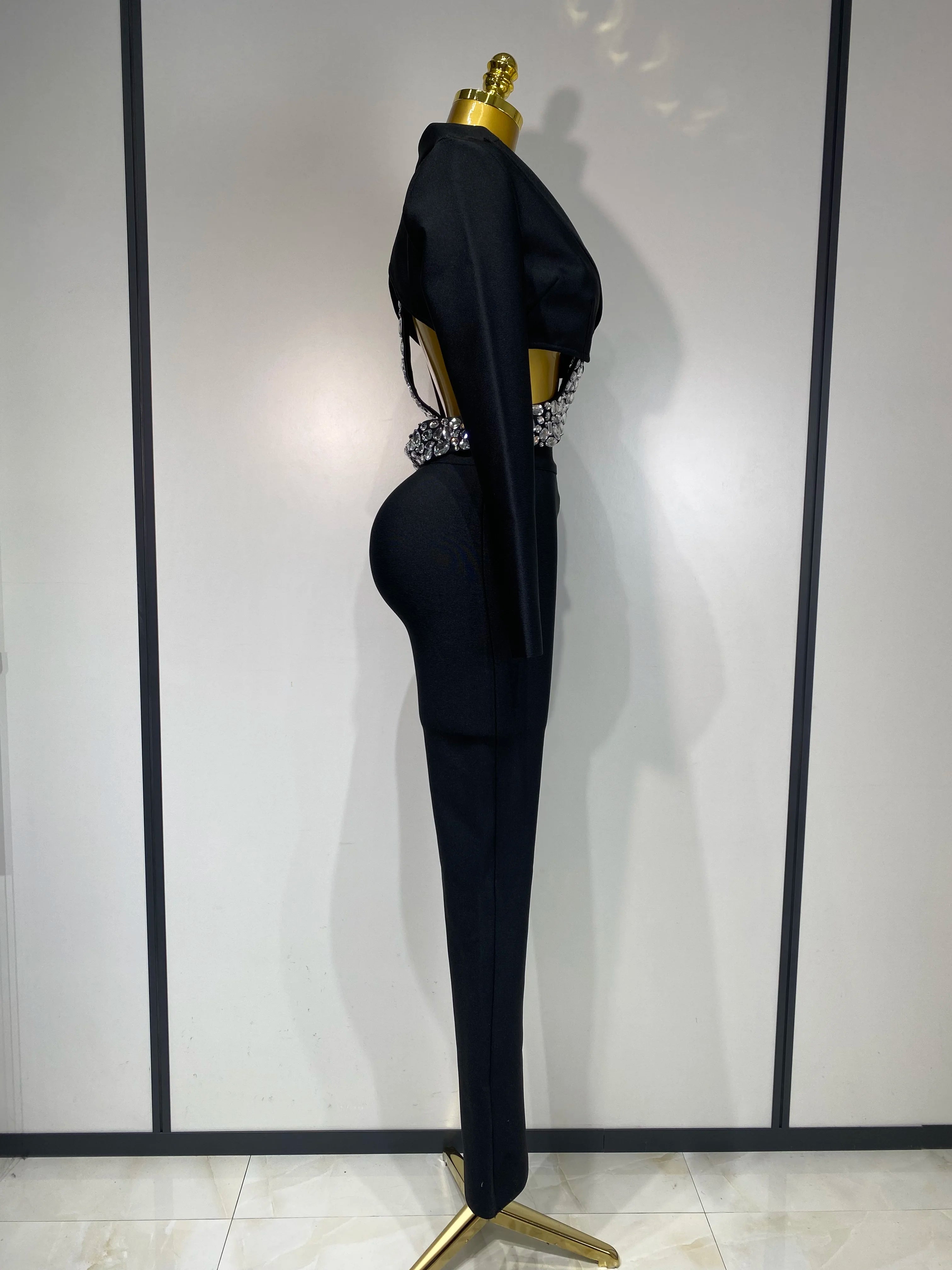 Conjunto feminino sexy com recortes, manga longa, com contas, bodycon, duas peças, calça, bandagem, designer de celebridades, moda feminina, conjunto de aniversário de luxo