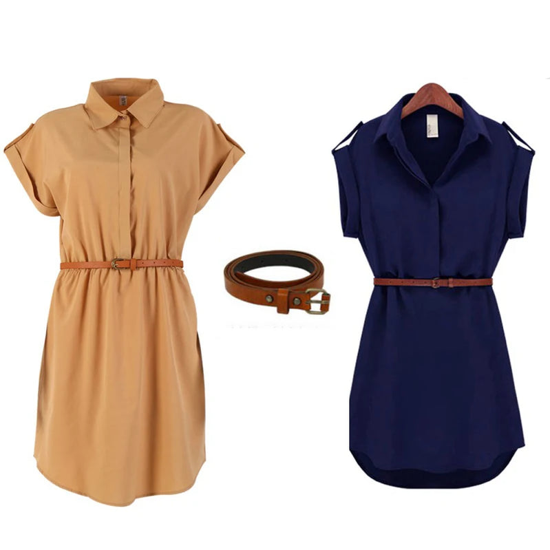 Women Dress A-Line Chiffon Casual Fashion Short Sleeve OL Dress With Belt Dresses