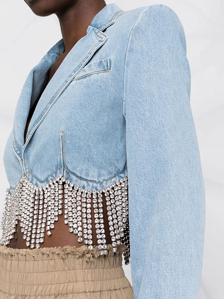 DEAT Women Notched Collar Diamond Tassel Short Denim Coat High Waist Butterfly Hollow Out Jeans Summer New Fashion 29L2717