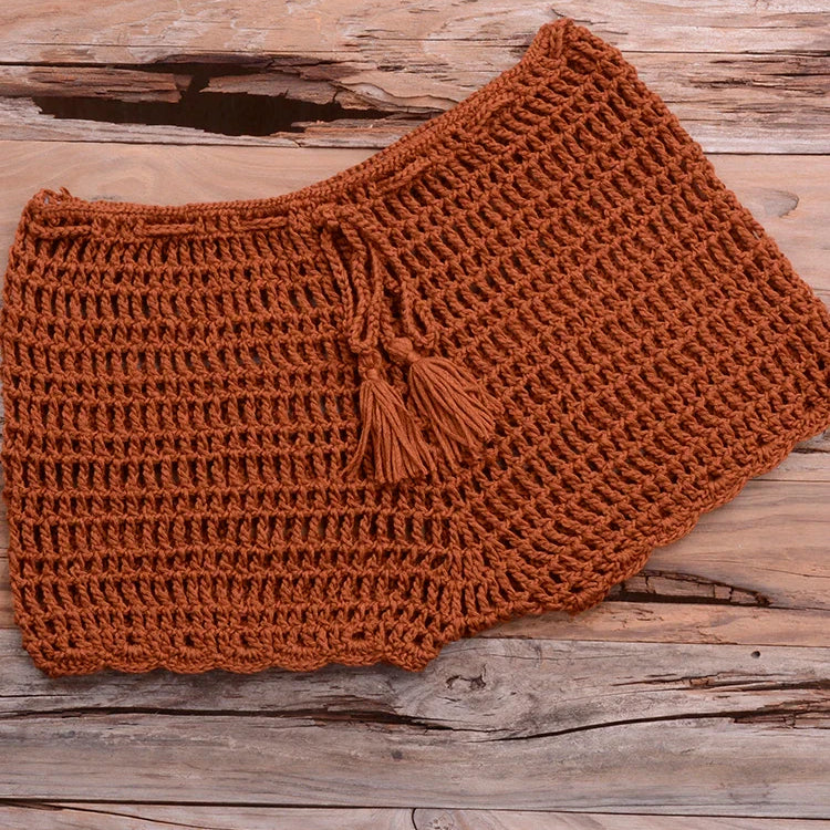 Crochet Hollow Out Tassel Beach Cover Up Sexy Women Mini Tops Beachwear Bikini Swimwear Bathing Suit Cover Up Brown Bottom One Size