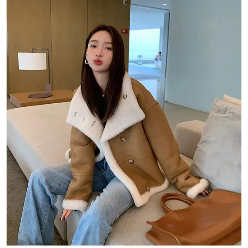 Lady Fashion Wool Jackets Women Fashion Real Wool Lamb Fur Coat Winter Jacket LSBH69