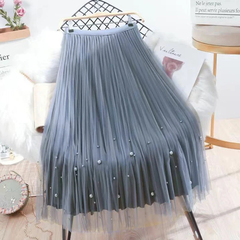Both Sides Wear Pearls Mesh Skirt Women Summer Velvet High Waist Long Skirts Woman Solid Color A Line Pleated Skirts Blue One Size
