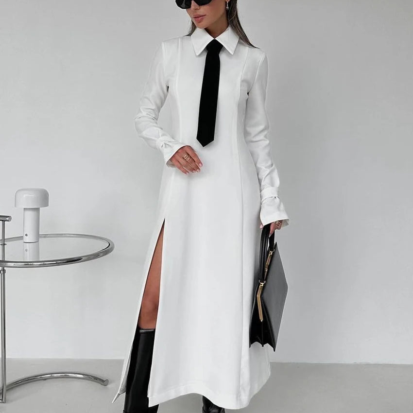 Fashion Slim White Office Dress Casual Lapel Long Sleeve Ankle Length Dress Elegant Classic Slit Dresses For Women 2024