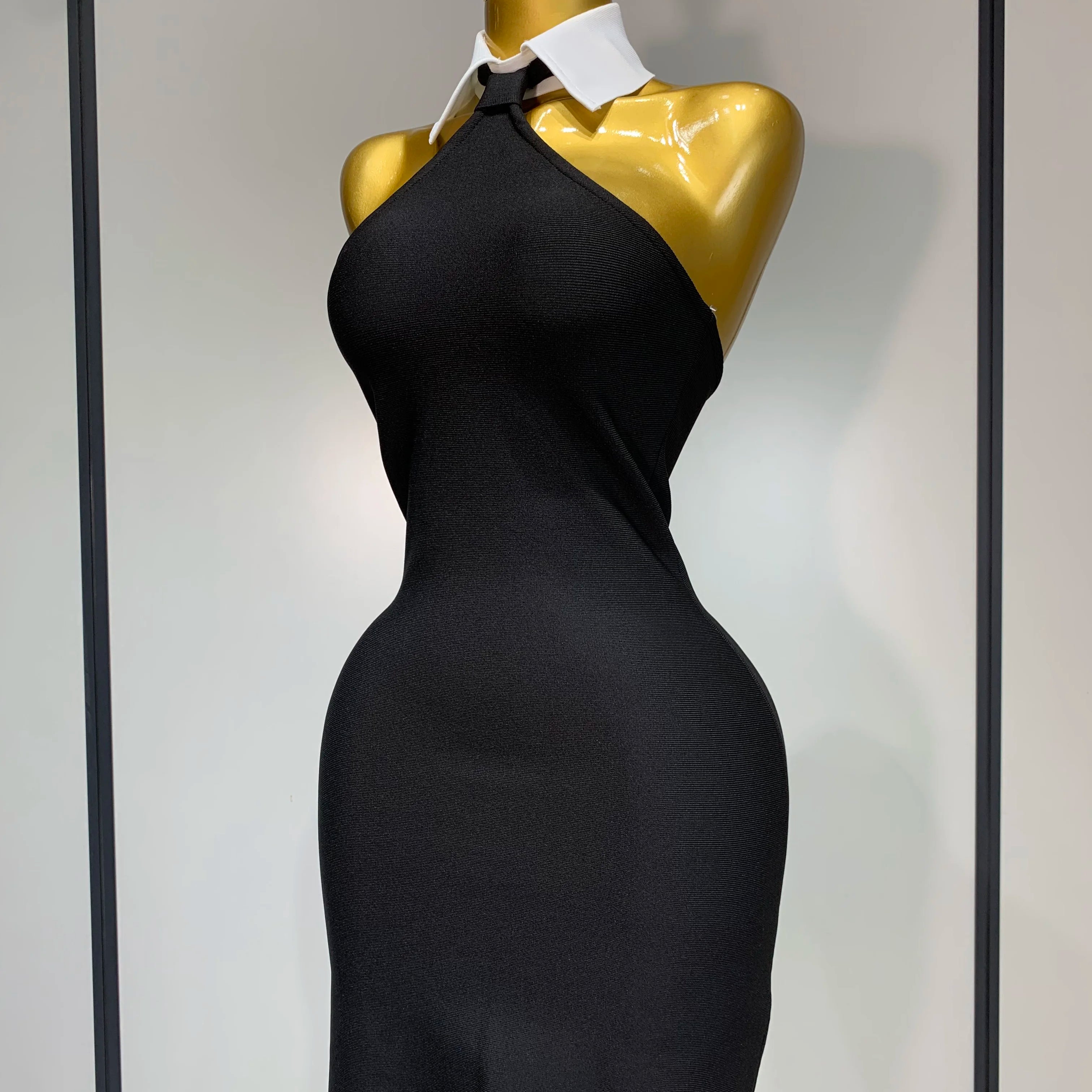 Women Sexy Backless White Shirt Collar Black Mini Bodycon Bandage Dress 2025 Elegant Evening Club Party Luxury Birthday Dresses