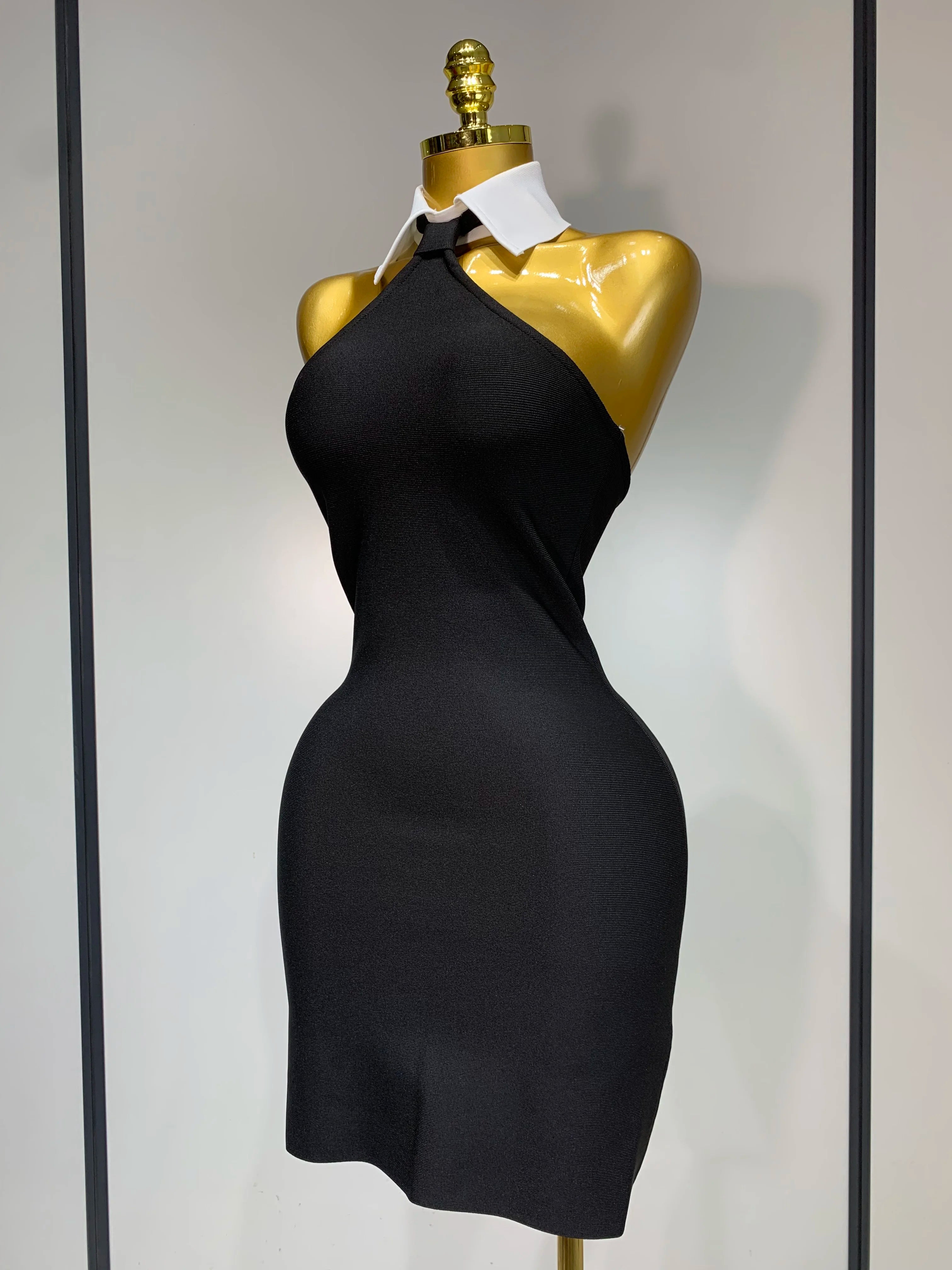 Women Sexy Backless White Shirt Collar Black Mini Bodycon Bandage Dress 2025 Elegant Evening Club Party Luxury Birthday Dresses