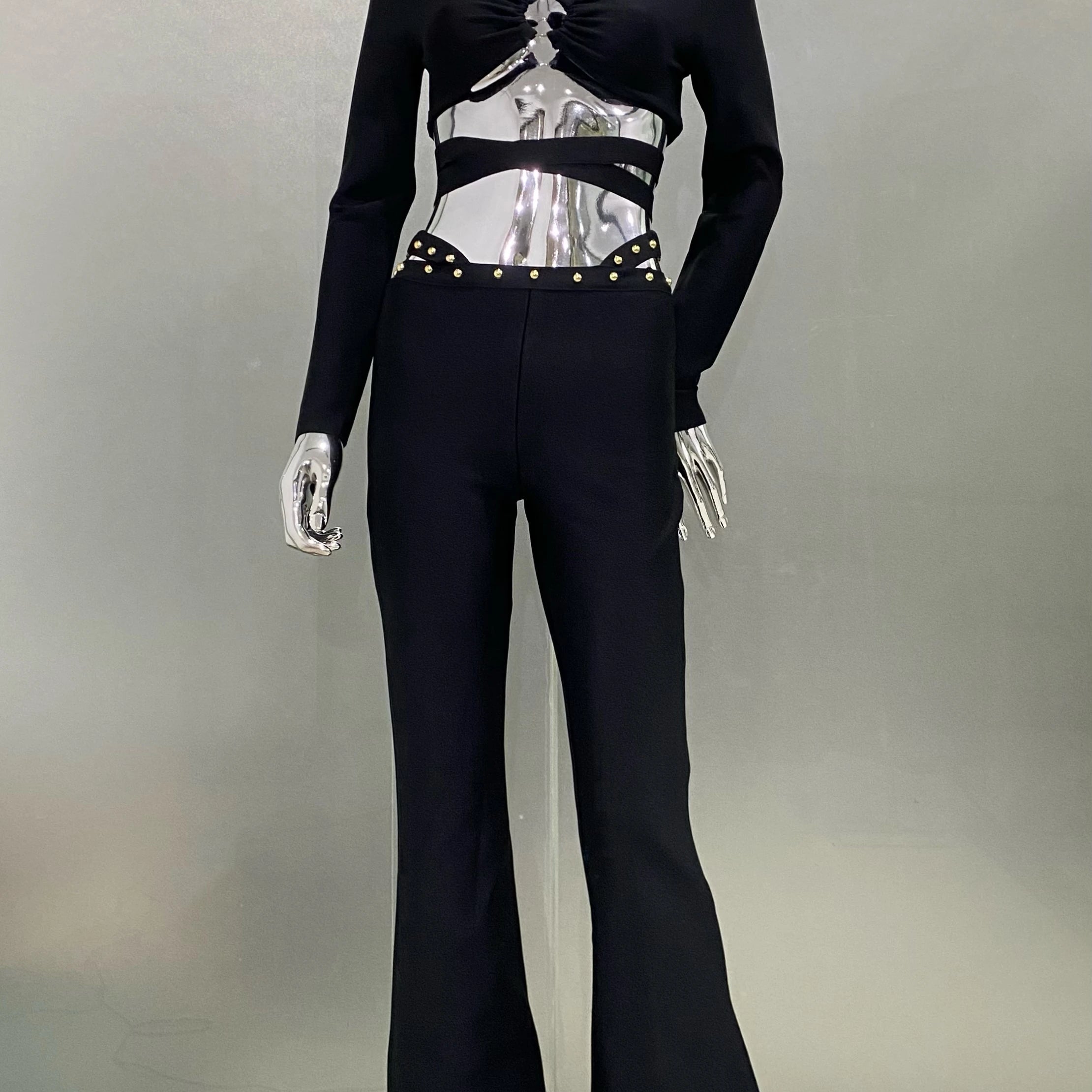 Stylish Res Bandage Woman Set Diamond Chains Backless Halter Cropped top And Waist Chain Flare Pants 2 Pieces Club Party Outfit