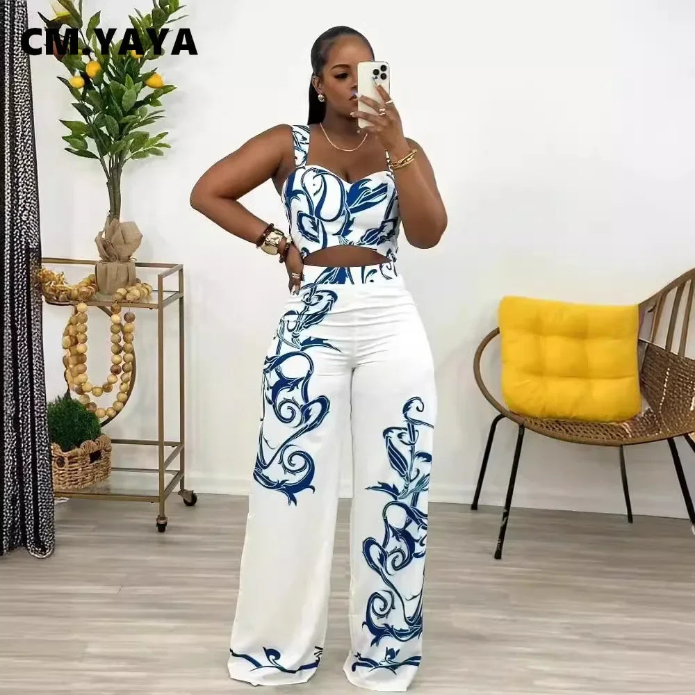 CM.YAYA 2024 Summer Women's Set Sleeveless Strapless Tops +Wide Leg Pants Print Party Street Two 2 Piece Sets Outfits Tracksuit