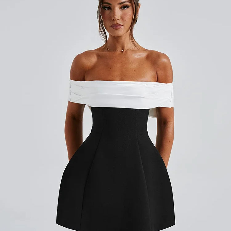 Vestido curto sexy sem costas com laço para mulheres, robe elegante, ombro de fora, sem alças, sem mangas, linha A, vestido sexy para clube