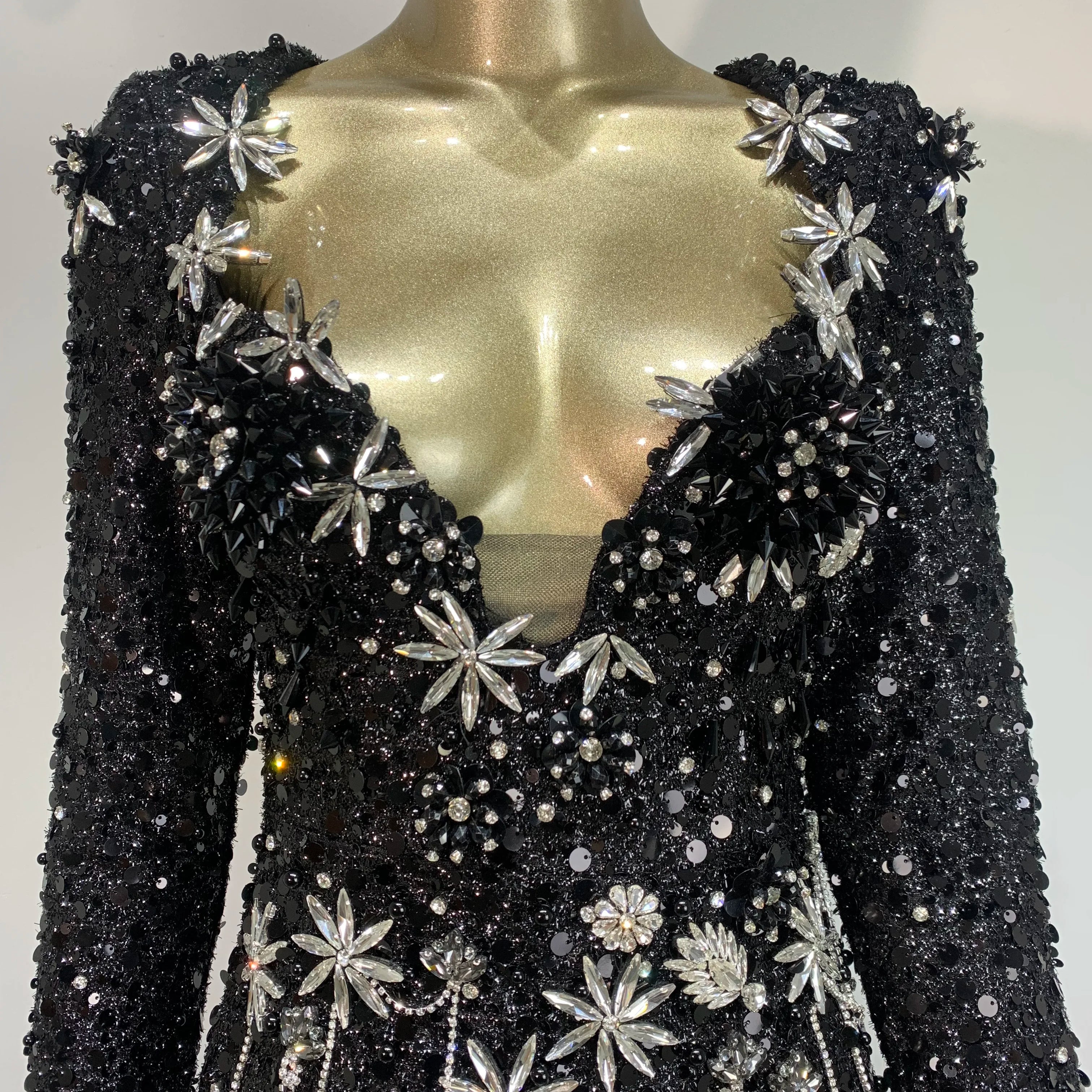 Women Celebrity Sexy Long Sleeve Sequins Diamonds Crystal Sparkly Maxi Long Gowns Dress 2024 Elegant Evening Party Club Vestido