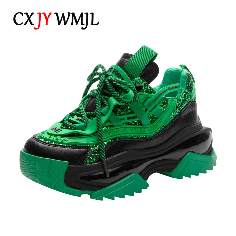 CXJYWMJL Genuine Leather Retro Sneakers for Women Thick Bottom Casual Vulcanized Shoes Ladies Autumn Breathable Chunky Sneakers