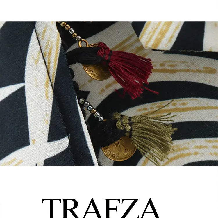 TRAFZA Women's Zipper Short Skirt Street Clothing Unique Tassel Pendant Elegant Women's Summer Retro Print Asymmetric Mini Skirt
