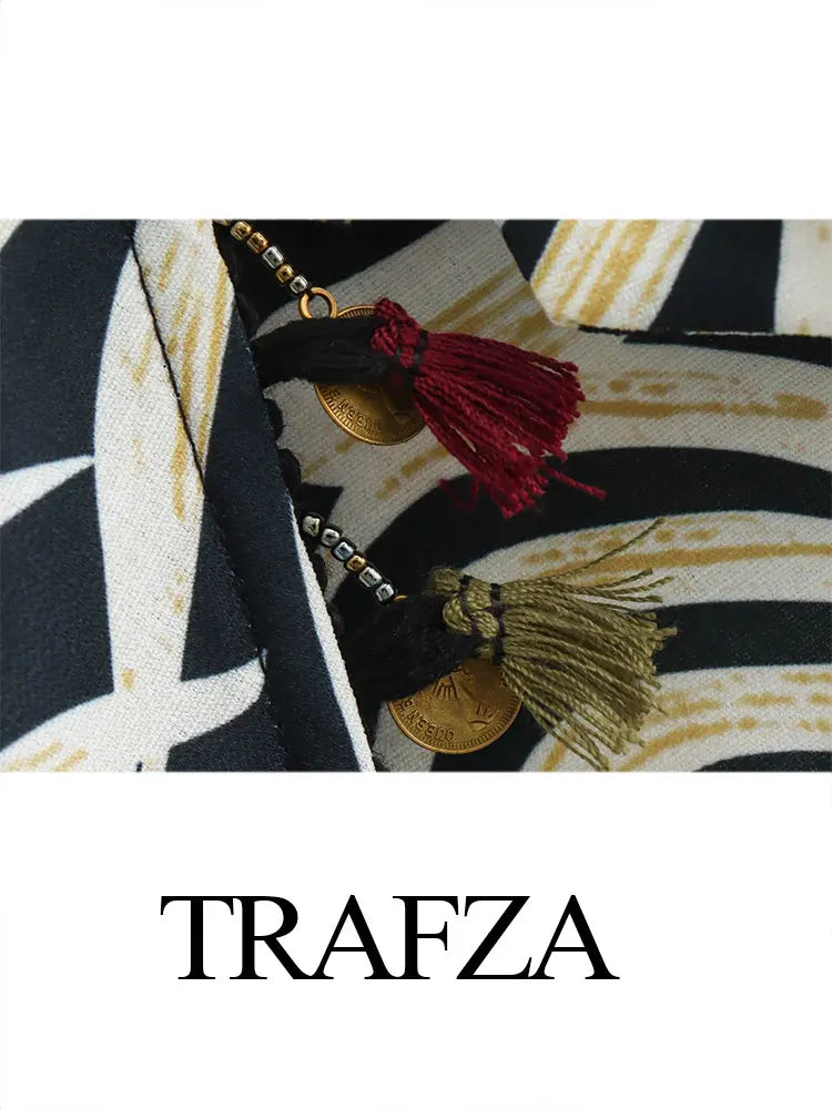TRAFZA Women's Zipper Short Skirt Street Clothing Unique Tassel Pendant Elegant Women's Summer Retro Print Asymmetric Mini Skirt