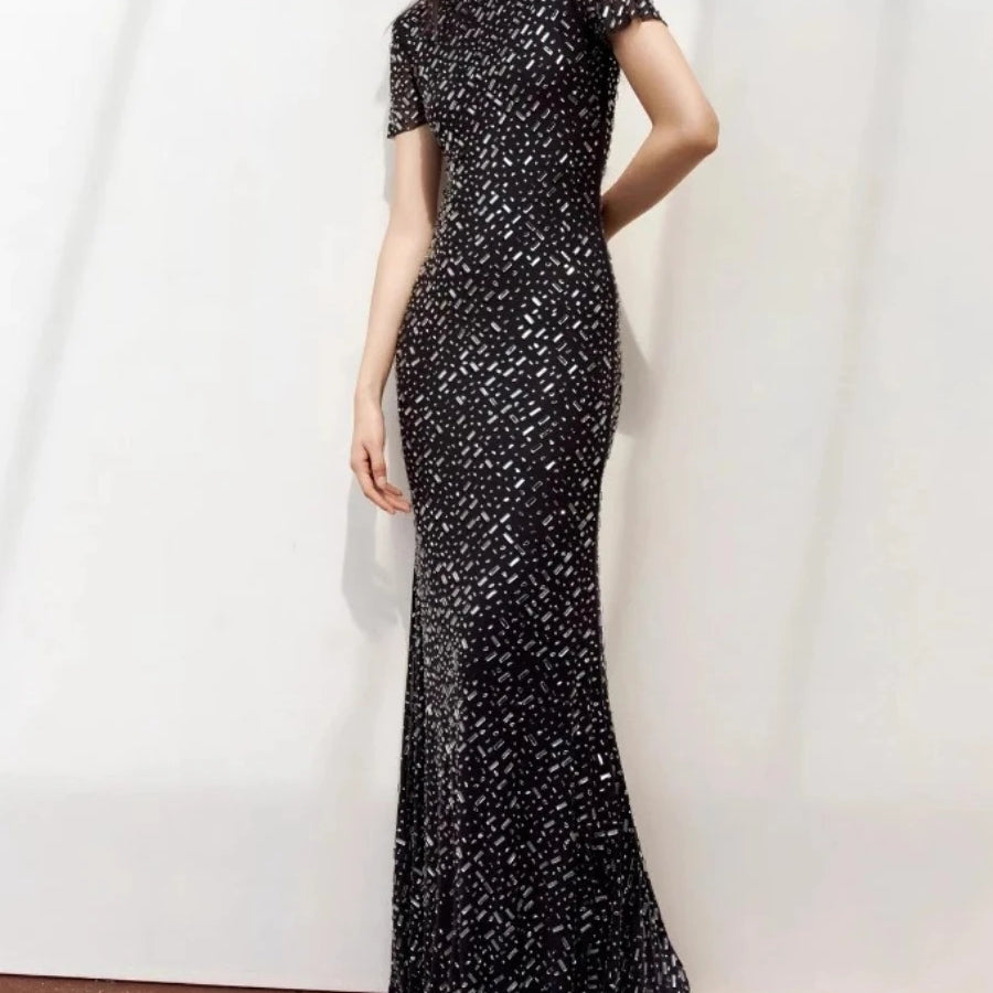 TWOTWINSTYLE Solid Slimming Spliced Stick Drill Dresses for Women Round Neck Short Sleeves Temperament Dress Female Clothing New