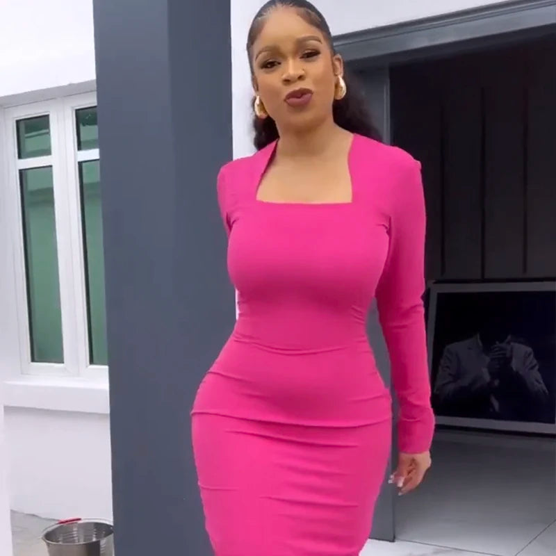 Vestido longo feminino preto rosa com manga comprida, gola quadrada, borlas, justo, bandagem, boate, festa, comemoração