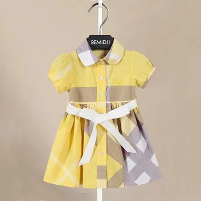 Girl Dress Fashion Plaid Shirt Dress for Girls Single-breasted Kids Party Dress with Sashes Autumn England Clothes for Girls Yellow