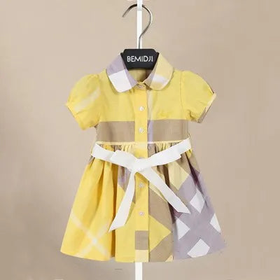 Girl Dress Fashion Plaid Shirt Dress for Girls Single-breasted Kids Party Dress with Sashes Autumn England Clothes for Girls Yellow