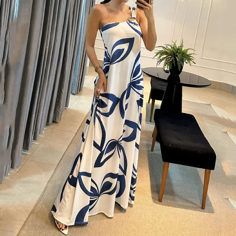 Ellafads Long Dress Women Casual Simple Printed One Shoulder Strap Sleeveless Loose Summer Holiday Beach Maxi Dresses Streetwear blue