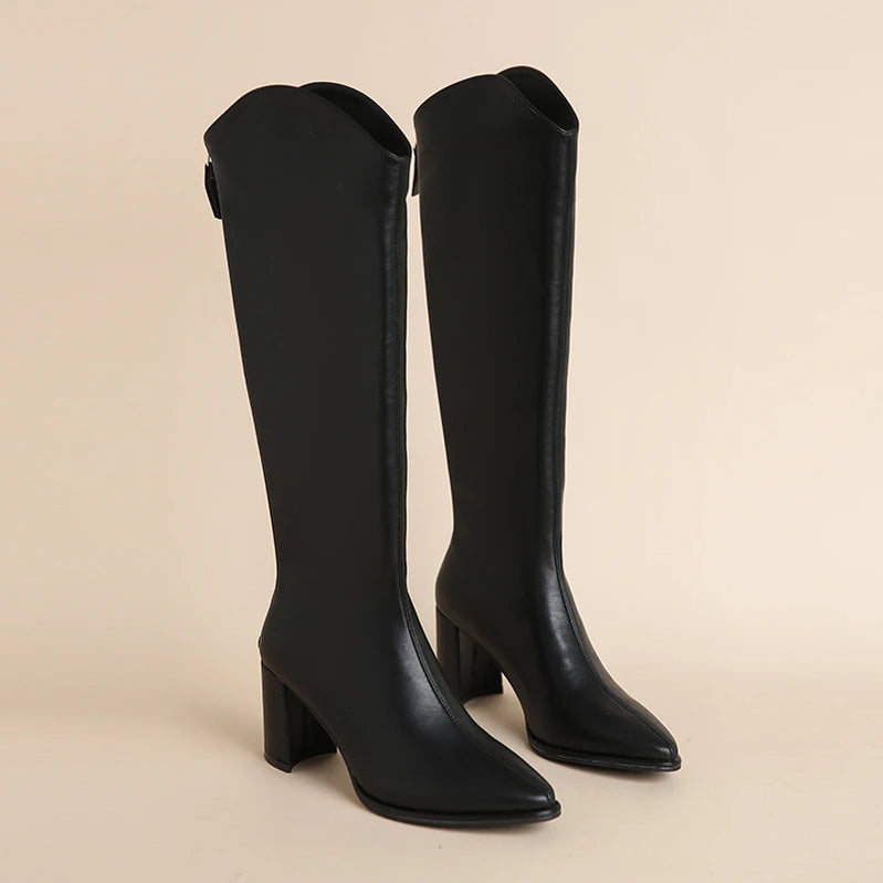 Plus Size 34-43 Women Boots Zipper Thick High Heels Simple Thick High Heels Autumn Winter Boots Knee High Botas